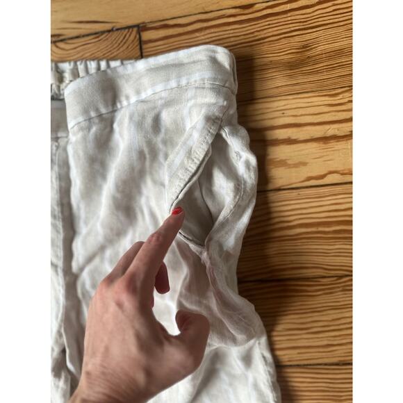 Loft Women Tan White Stripe Pocket Elastic Waist Cropped Linen Petite Med Pants - Picture 5 of 7
